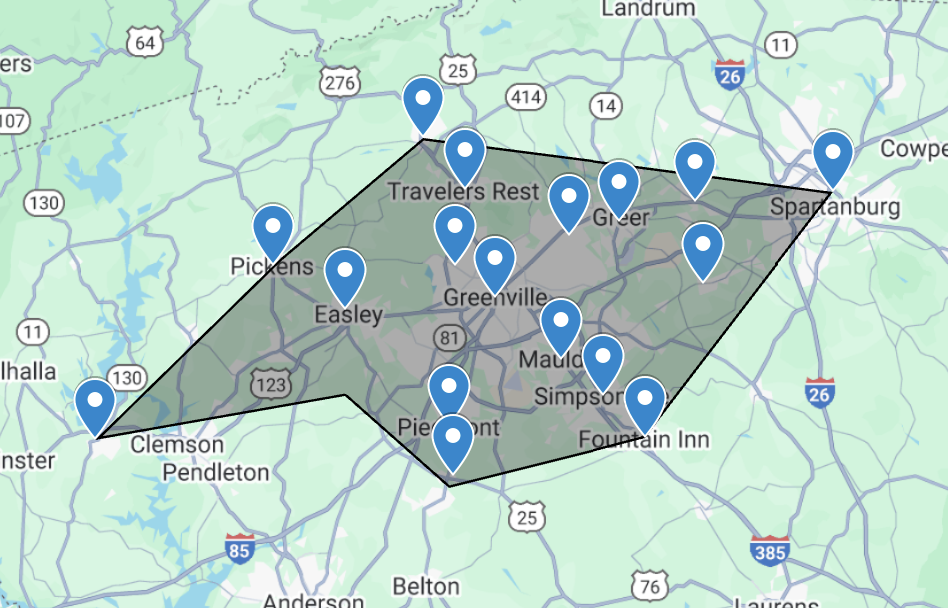 Chuck It Service Area Map Chuck It Service Area, Greenville, Travelers Rest, Taylors, Greer, Berea, Sans Souci, Parker, Wade Hampton, Five Forks, Mauldin, Simpsonville, Fountain Inn, Piedmont, Easley, Pickens, Clemson, Pendleton, Belton, Duncan, Lyman, Wellford, Inman, Startex, Arcadia, Roebuck, Fairforest, Spartanburg, Cowpens